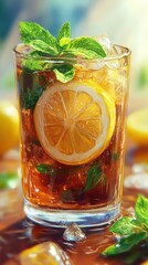 Poster - Refreshing glass of iced tea with lemon and mint leaves set on a sunny table with citrus fruits