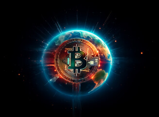 Poster - Bitcoin symbol is integrated with a radiant globe against a dark backdrop, representing global digital finance and technological progress.