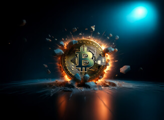 Poster - A golden coin with a 'B' emblem explosively bursts outwards with fire and fragments, set against a dark scene with a blue light source.