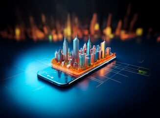 Poster - A vibrant miniature city with colorful buildings rests atop a sleek mobile phone.  The scene is set against a softly blurred backdrop with bokeh lights, suggesting a futuristic, technological concept.