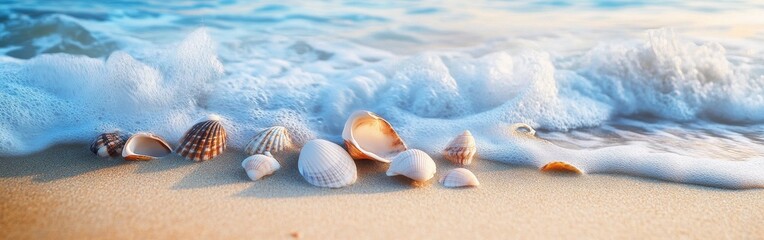 Poster - Coastal beauty at sunrise with shells scattered on sandy beach and gentle waves lapping at the shore