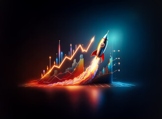 Poster - A rocket launches from a vibrant bar chart, symbolizing rapid growth and success against a dark backdrop. Neon lights highlight the upward trajectory.