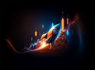 Aufkleber - A rocket soaring upwards against a backdrop of vibrant, glowing financial charts.  The scene evokes themes of growth, ambition, and market trends in a dynamic and visually striking manner.