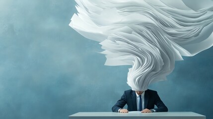 Poster - Businessman sitting at his desk, overwhelmed by information overload, visualized with papers exploding from his head, representing stress and mental health challenges in the workplace