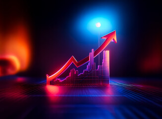 Poster - A vibrant red arrow climbs an illuminated bar chart against a dark backdrop, symbolizing upward trends and positive progress, enhanced by blue and red lights.