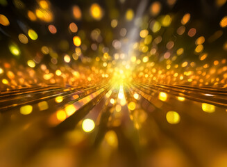 Aufkleber - Blurred perspective with vibrant golden bokeh lights cascading over dark lines creates a dynamic and energetic abstract image.  The scene evokes a sense of motion and bright illumination.