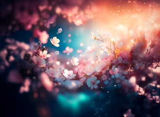 Poster - Dreamy floral scene with pink and white blossoms against a blurred blue and orange background. Soft, ethereal light creates a magical atmosphere.