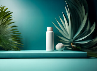 Poster - White bottle and round object showcased on a blue platform amidst lush green plants against a teal backdrop, ideal for product display.
