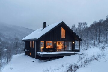 Wall Mural - Modern black cabin inspiring cozy winter getaway in snowy mountains