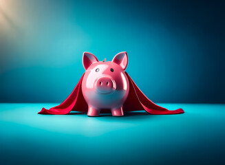 Leinwandbilder - Pink piggy bank dons a red cape, embodying savings and financial strength, set against a vibrant blue backdrop. Symbol of economic growth.