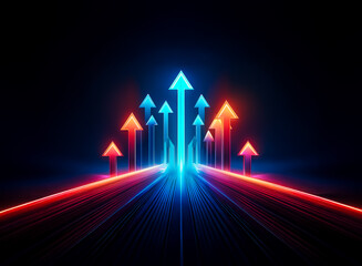 Aufkleber - Dynamic arrows glow in vibrant red and blue, pointing upwards against a dark backdrop.  Illuminated lines converge towards the rising arrows, suggesting forward motion and progress.