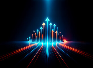 Leinwandbilder - Illuminated arrows in blue and red hues ascend dynamically against a dark backdrop, symbolizing progress and forward motion with glowing trails.