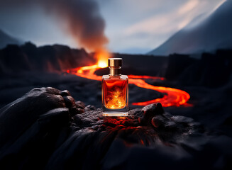 Aufkleber - A glass perfume bottle stands prominently on dark volcanic rock, with a vivid river of molten lava flowing behind it under a dusky sky in a mountainous landscape.
