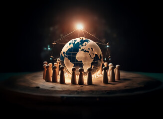 Aufkleber - A glowing globe is encircled by small wooden figures on a circular platform, connected by string lights under a bright light source in a dark space.