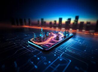 Aufkleber - A miniature futuristic city with glowing roads and skyscrapers sits atop a smartphone screen, against a blurred cityscape backdrop under a dark blue and orange sky.