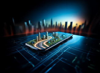 Aufkleber - Futuristic cityscape displayed on a smartphone screen, featuring roads and buildings, set against a circuit board background with glowing blue lines. Technology concept.