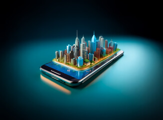Poster - Small city on a smartphone. Urban buildings meet digital device, showcasing tech and future development concept.