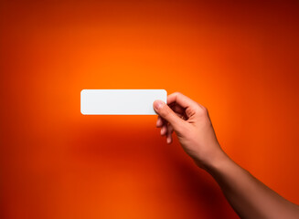Aufkleber - Hand holding a blank white rectangle on a vibrant orange background. A simple composition with focus on the empty space and hand against the bright backdrop.