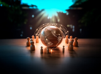 Poster - Wooden figures surround a globe connected by glowing lines, symbolizing global networking and communication under a bright light source.