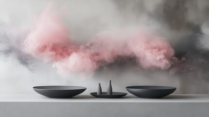 Aufkleber - Minimalist gray and pink mist dissolving into soft hues on a calm surface with contemporary vessels