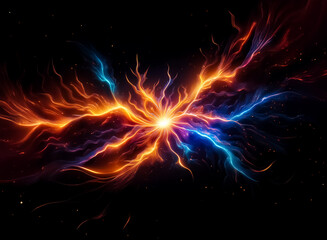 Aufkleber - Vibrant energy bursts from a central bright point, radiating orange and blue tendrils against a dark backdrop, resembling a cosmic phenomenon or powerful explosion.