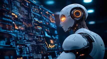 Poster - Futuristic humanoid robot analyzing data on a digital screen in a high-tech lab, background illustration for technology and AI concepts