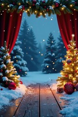 Wall Mural - Snowy wooden stage with a festive centerpiece, centerpiece, holiday