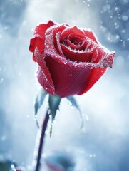 Poster - Close-up view of a striking red rose adorned with dew drops in a serene environment