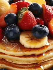 Poster - Fluffy pancakes stacked high with fresh fruits and syrup ready for breakfast enjoyment at a cozy cafe