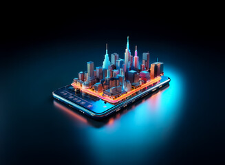 Aufkleber - A vibrant futuristic city skyline is depicted on a mobile phone, glowing with neon lights against a dark backdrop, representing urban technology and digital innovation.