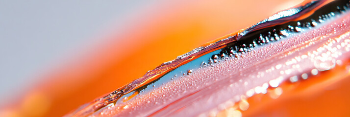 Poster - Close-up Image of Metallic Substance with Water Droplets on Orange Gradient Background