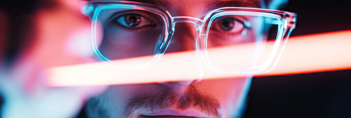 Poster - Close-up of Face with Clear Glasses and Neon Light