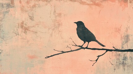 Poster - elegant bird silhouette perched on a slender branch against a soft pastel background during twilight