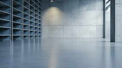 Poster - Modern storage racks in minimalistic warehouse with concrete walls and polished floors