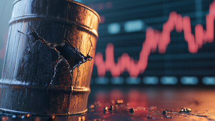 Aufkleber - close up of cracked oil barrel with declining stock market graph in background, symbolizing economic downturn