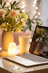 Poster - Cozy workspace surrounded by warm lights and delicate flowers at home. Generative AI
