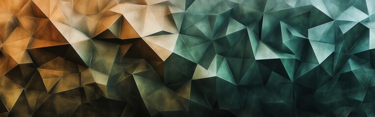 Poster - Low-poly abstract pattern in forest green and warm tones creating a dynamic visual texture for modern design applications