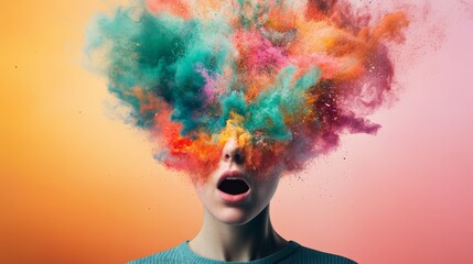 Aufkleber - Young woman with an exploding head made of colorful powder is screaming with an open mouth, depicting information overload, burnout, stress, and mental health issues