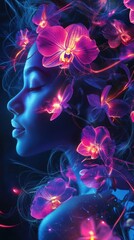 Aufkleber - Vibrant visualization of a glowing woman surrounded by radiant flowers during twilight