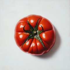Poster - Vibrant red tomato with a green stem on a neutral background showcasing its fresh and organic appeal