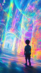 Poster - Child experiences vibrant glowing artwork in immersive environment