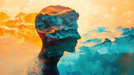 Poster - Vibrant portrait of a man's profile glowing amidst an abstract landscape during sunset