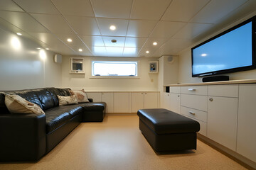 Poster - A small basement living room with white cabinets, a black leather couch 