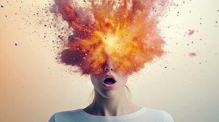Aufkleber - Woman with open mouth experiencing a colorful head explosion symbolizing stress, information overload, burnout, migraine, thoughts and dementia