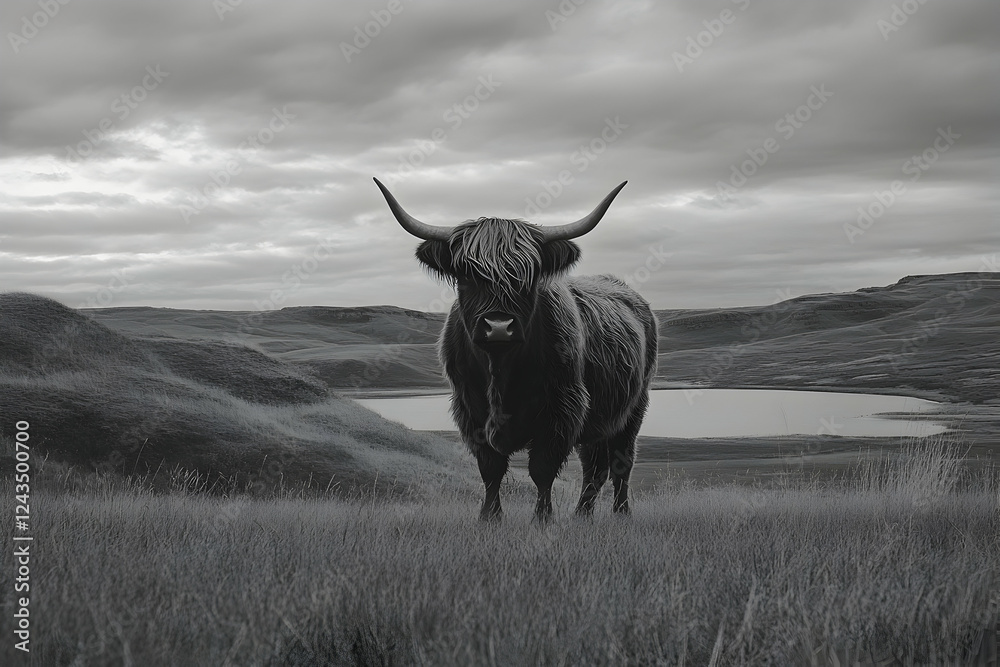 Highland cow with prominent horns standing in a serene landscape Stock ...
