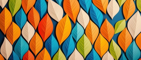 Wall Mural - Colorful leaf patterns on a vibrant blue background.