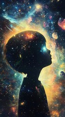Poster - Surreal silhouette of a child against a cosmic background depicting wonder and imagination in a dreamlike setting