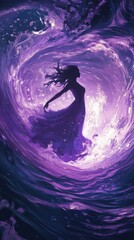 Poster - Surreal representation of a glowing woman dancing amid a cosmic whirlpool of purple hues