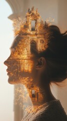 Aufkleber - Surreal representation of a glowing woman merging with architectural elements at sunset