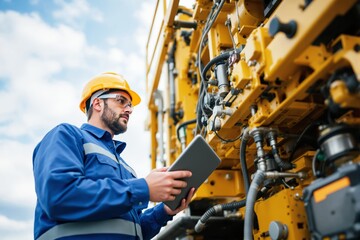 Aufkleber - Male engineer inspecting machinery with a tablet in hand on an industrial site.